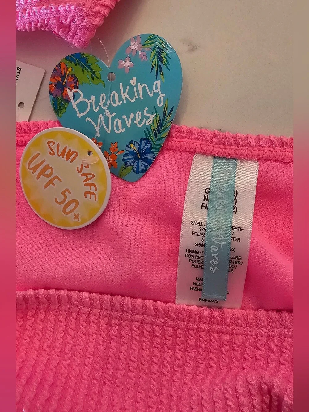 Breaking Waves Hot Pink Crinkle Textured 2-Piece Bikini Set UPF 50+ Girls Sz 12